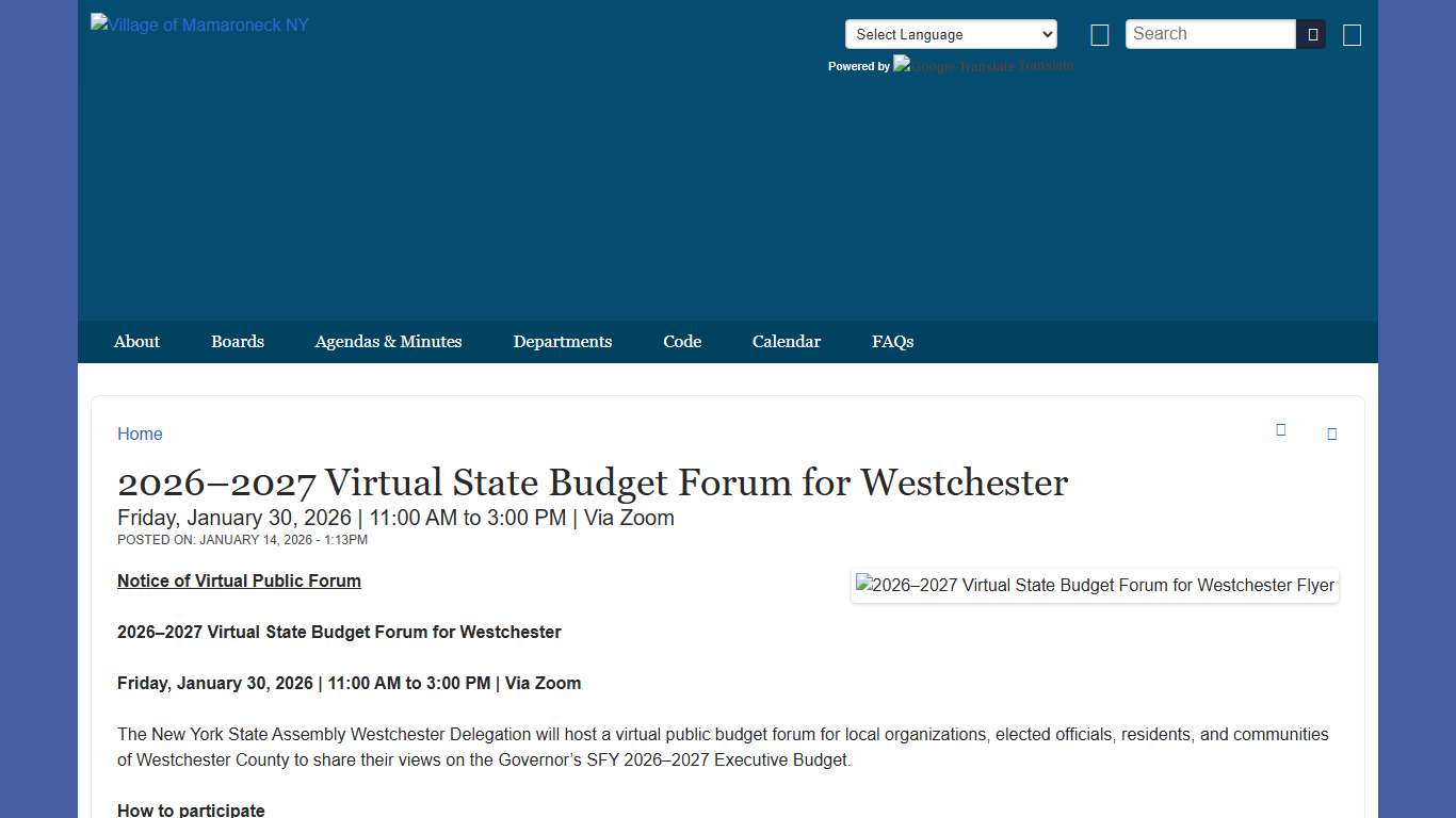 2026–2027 Virtual State Budget Forum for Westchester Village of Mamaroneck NY